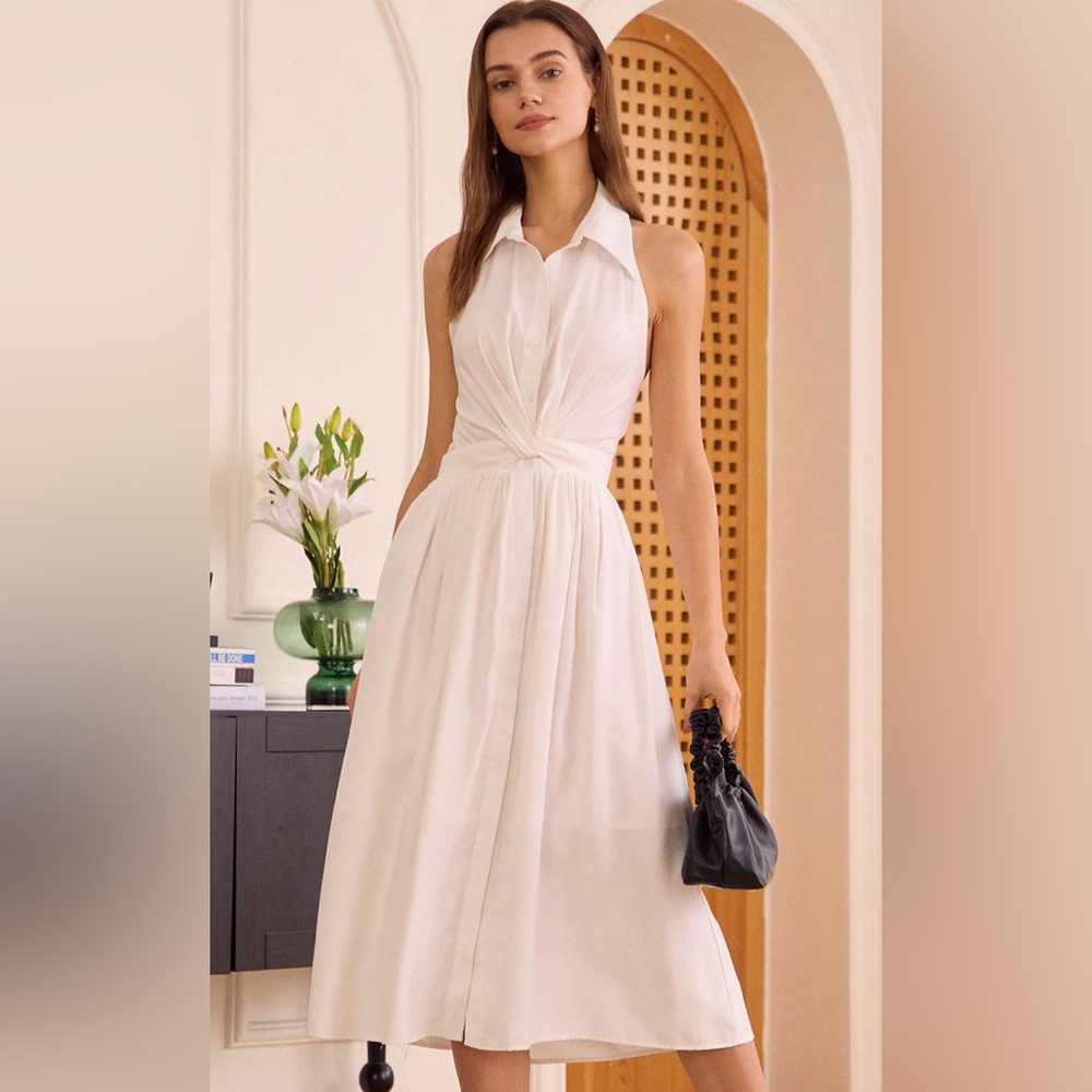NWT RIHOAS The White Collared Twist Backless Midi Dress Sz M